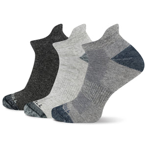 Three pairs of socks in black, gray, and blue on a white background