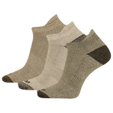 Set of three pairs of brown socks with black toes and heels on a white background