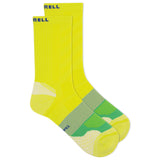 Two yellow socks with green accents and 'MERRELL' branding on a white background