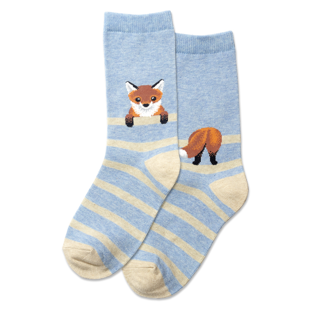 Pair of socks with fox design on a light blue background