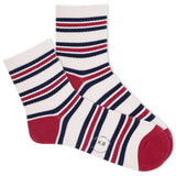 Beige K.Bell socks with navy and red stripes. thumbnail