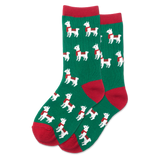 A pair of kid's holiday-themed crew socks with a pattern of llamas in white and green on a red background.