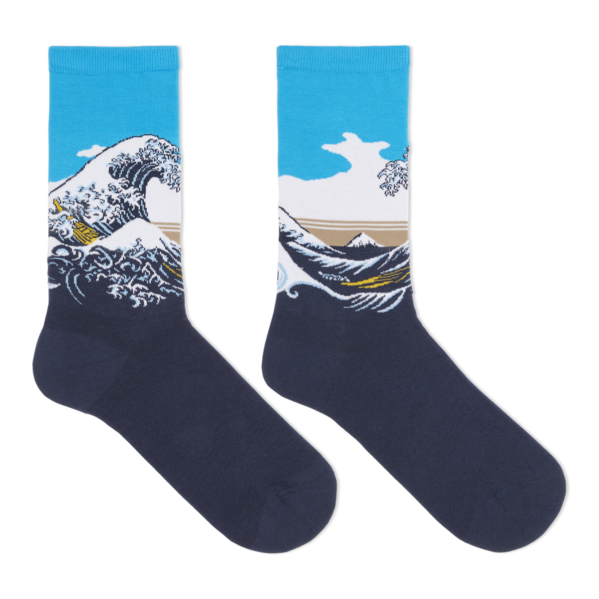 Pair of socks with Hokusai's The Wave design on a white background