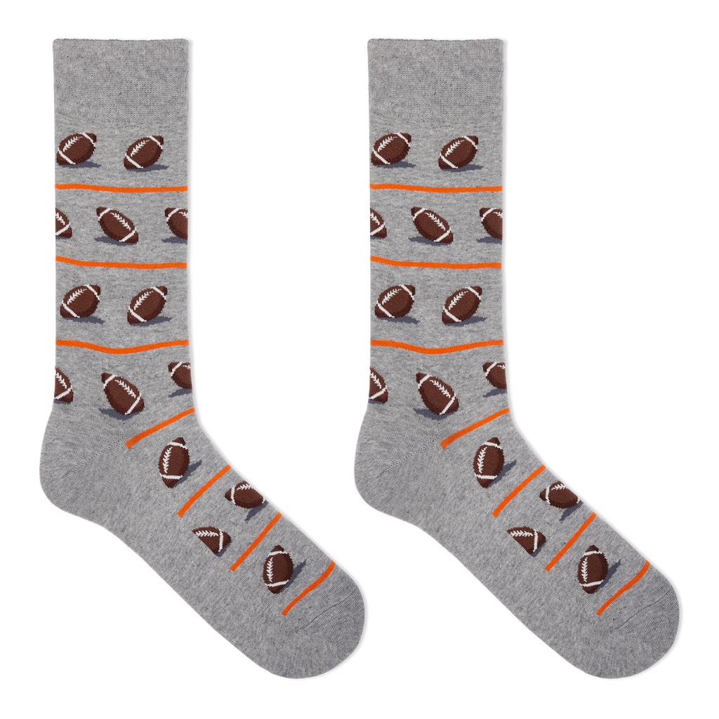 HOTSOX men's gray crew socks with a repeat football pattern.