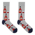 A pair of men's crew socks with a bourbon design, featuring illustrations of bourbon bottles and a glass on a gray background.