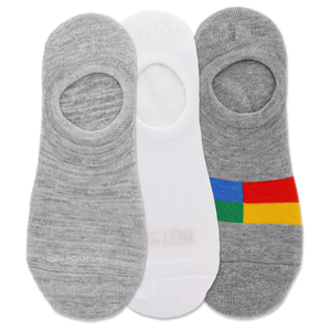 Three pairs of men's liner socks with varying designs, predominantly in gray, white, and multicolor patterns.