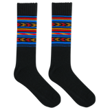 A pair of men's boot crew socks with a geometric stripe pattern in multiple colors. thumbnail