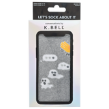  K.Bell men's gray crew socks with a periwinkle blue contrast cuff, heel and toe, arch support, and a pattern of emojis and ghosts in a custom package that looks like a cell phone. thumbnail